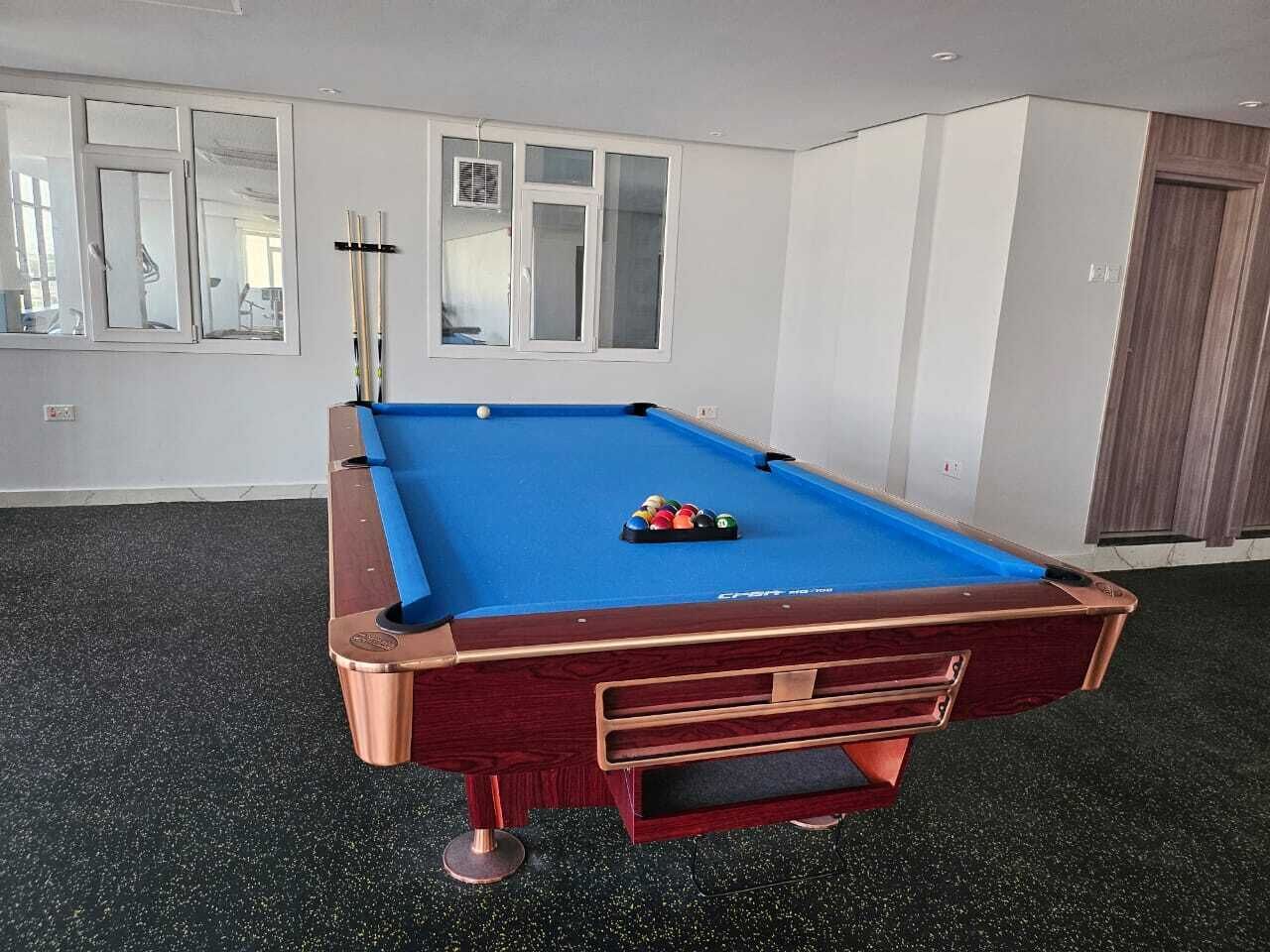 A pool table with a blue felt surface, a cue stick, and a set of billiard balls.