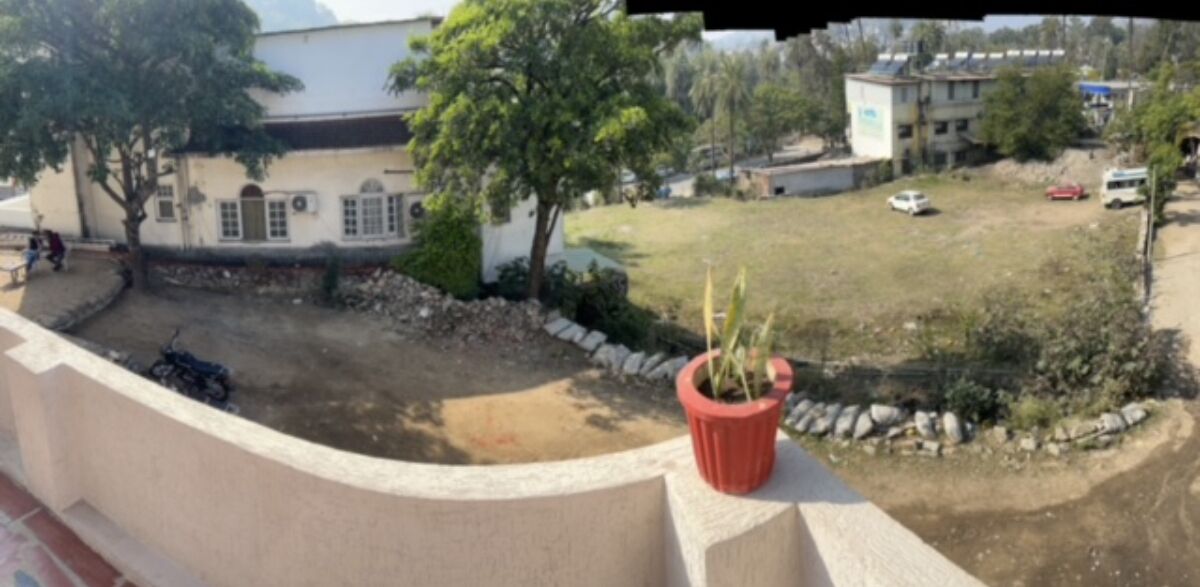 A balcony with a potted plant, a view of a grassy area, and a building with a white facade.