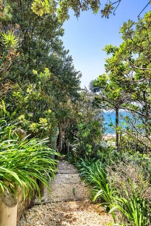 A pathway leading through a garden with various plants and trees. - Sandcastle by Coast Hosting (Forresters Beach)