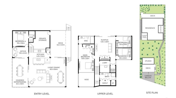 A detailed floor plan of a residential property with a deck, covered entertaining area, and a studio. - Award-Winning Glass Home | Forresters, Sleeps 8 (Forresters Beach)