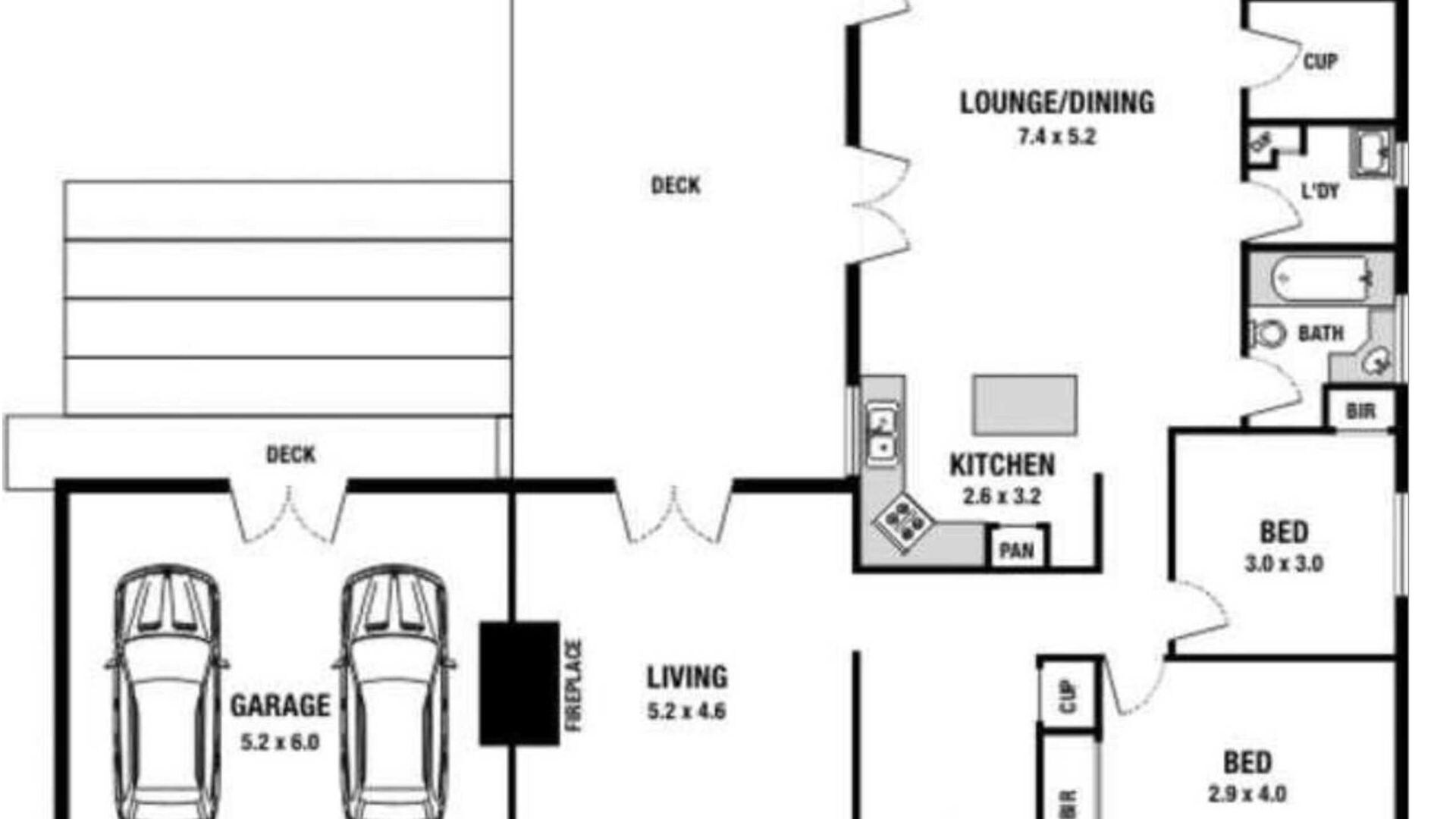 Un plan d’étage comprenant un garage, un salon, une cuisine, un espace de détente/salle à manger et deux chambres.