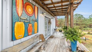 A wooden deck with a mural of abstract shapes, a covered patio area, and a potted plant.