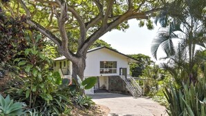 Una casa blanca con un árbol grande en primer plano, rodeada de plantas tropicales.