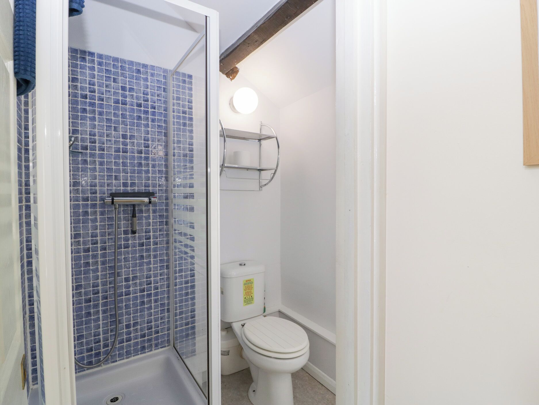 A bathroom with a glass shower enclosure, a white toilet, and a small shelf above the toilet.
