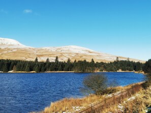A lake with a forested mountain in the background. - Rhif Deg (Brecon)
