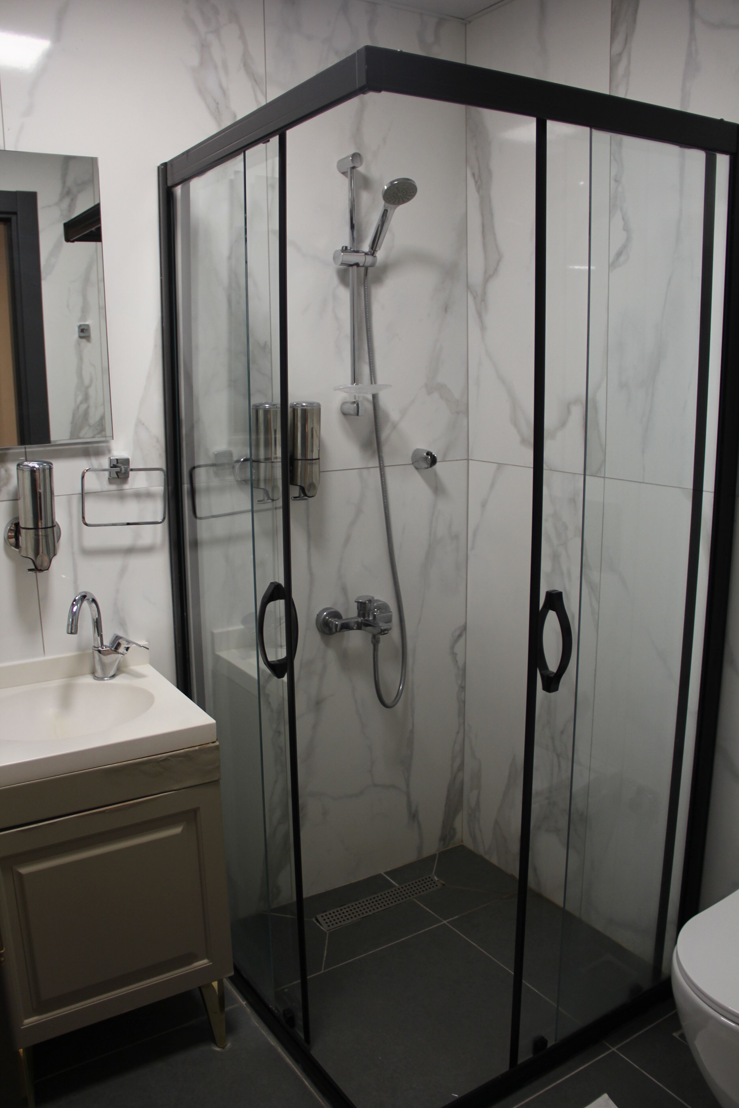 A modern bathroom with a glass-enclosed shower, a sink, and a toilet.