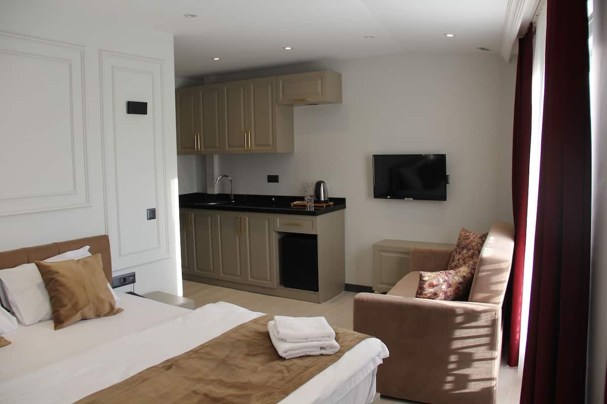 A hotel room with a bed, a sofa, a TV, a kitchen area, and a window with curtains.