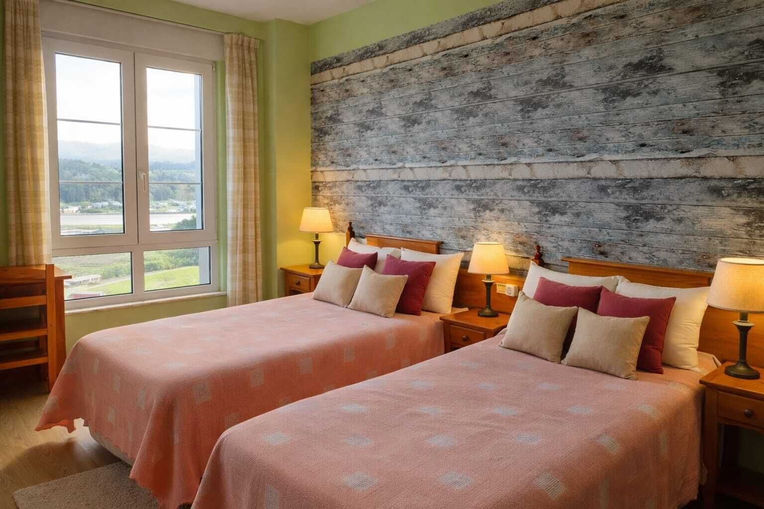 A room with two beds, a wooden headboard, a window with a view, and a lamp on each nightstand.