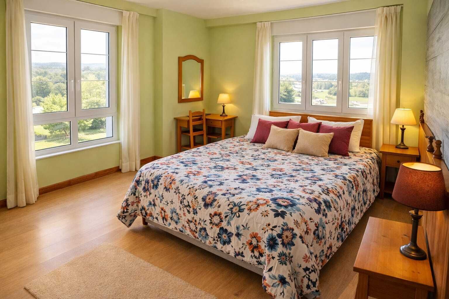 Un dormitorio con una cama, dos mesitas de noche, una silla, un espejo y ventanas grandes con cortinas.
