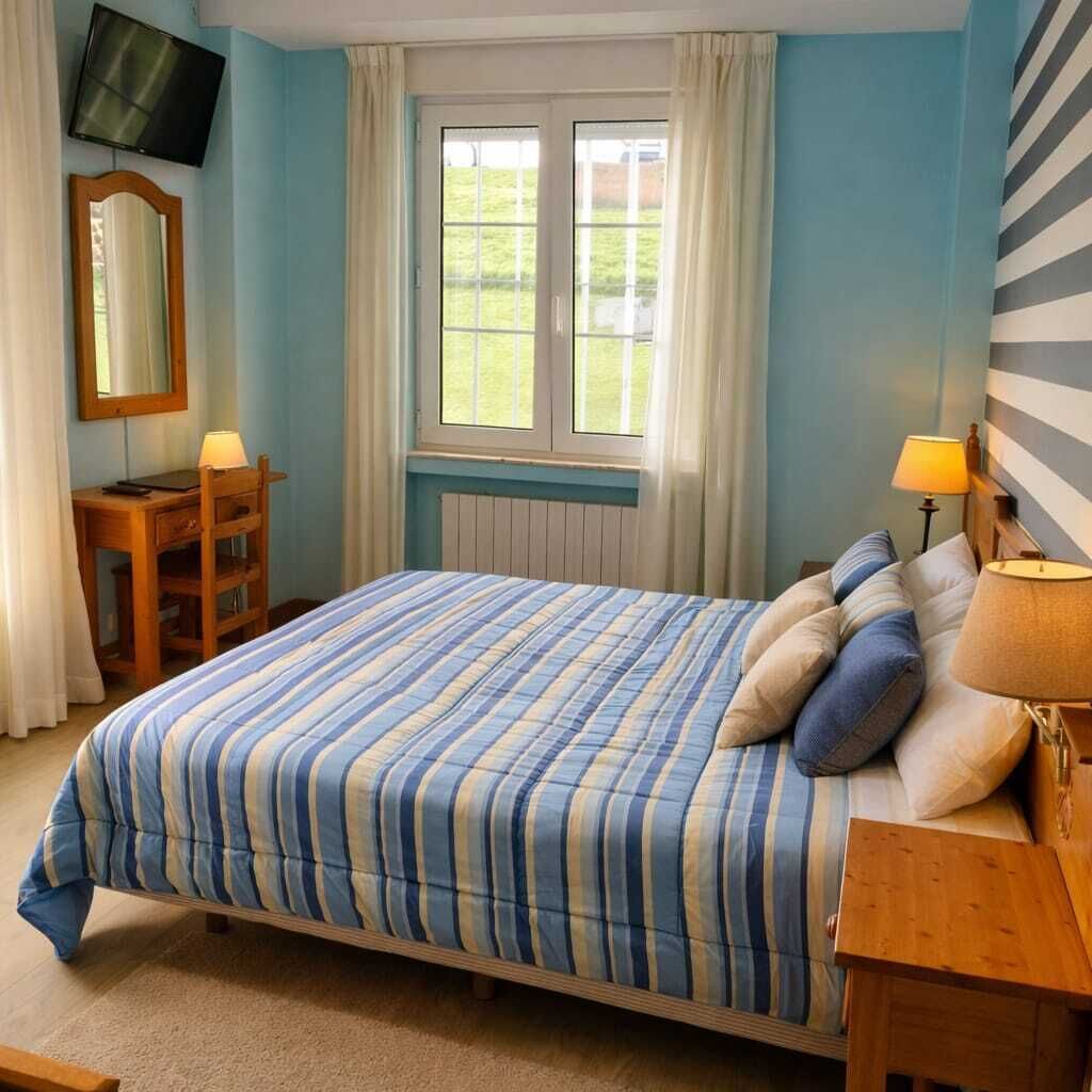 Un dormitorio con cama, escritorio, silla, televisor y ventana con cortinas.