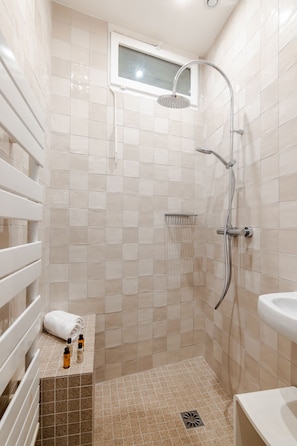 Shower, hair dryer, towels
