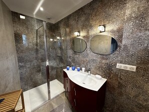 Shower, hair dryer, towels, soap