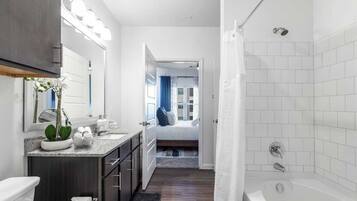 Hair dryer, towels, soap, shampoo