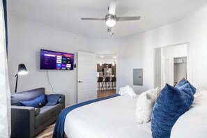 1 bedroom, desk, iron/ironing board, travel cot