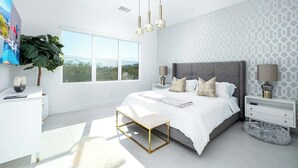 Um quarto moderno com uma cama grande, mesas de cabeceira, um banco e uma televisão na parede.