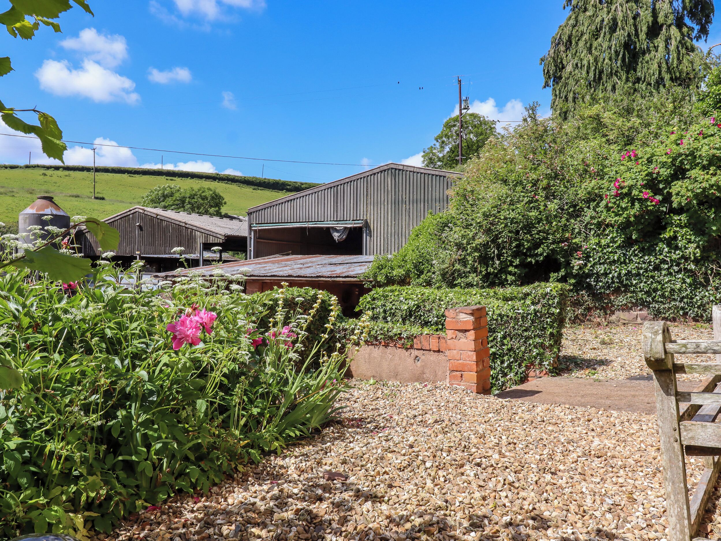 A rustic barn with a gravel path leading to it, surrounded by lush greenery and flowering plants.