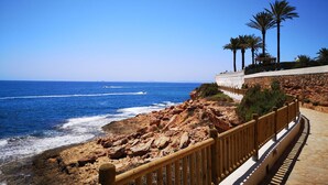 A coastal walkway with a wooden railing, rocky terrain, and palm trees.