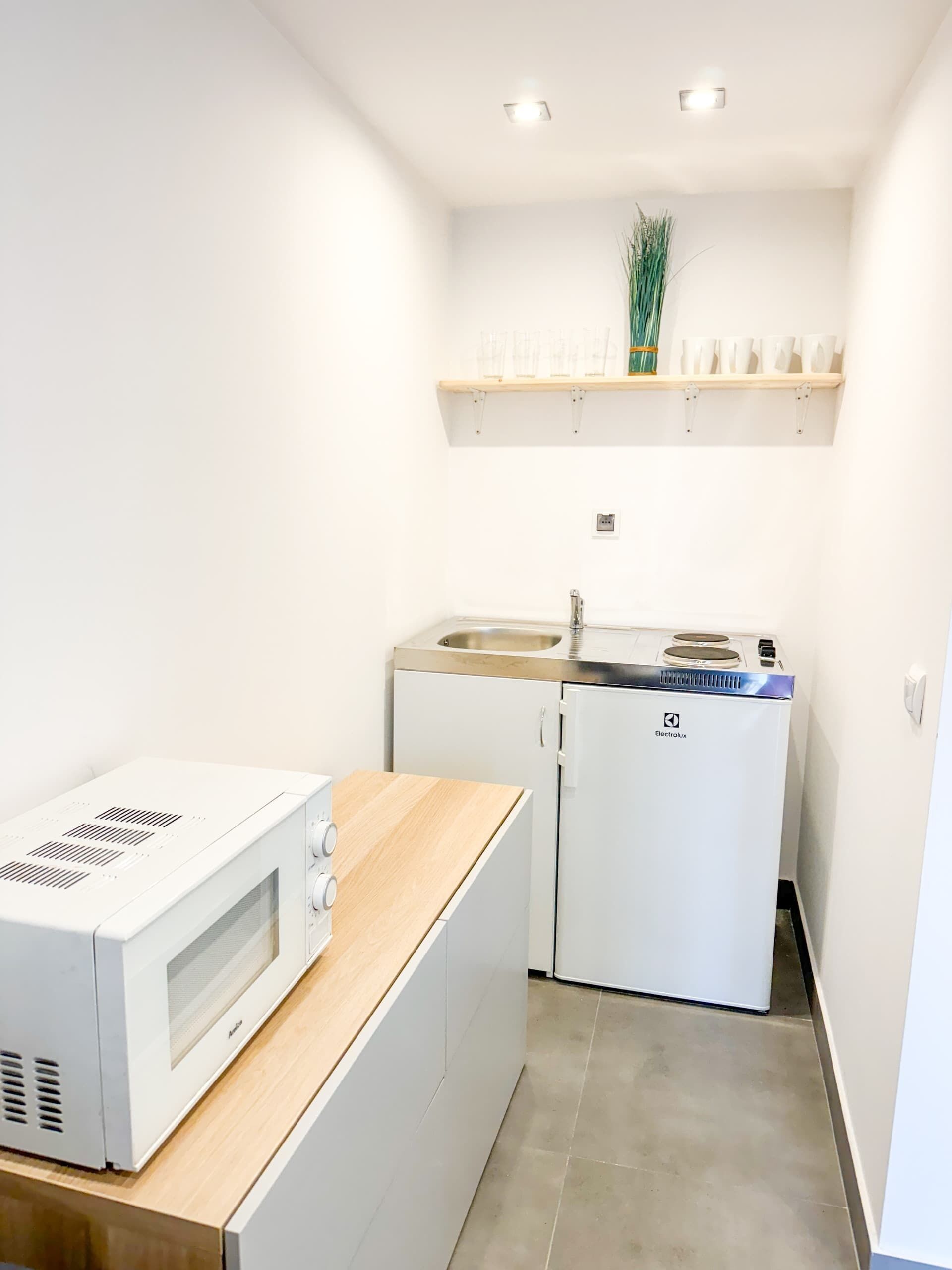 Frigorífico, microondas, placa de cocina y hervidor eléctrico