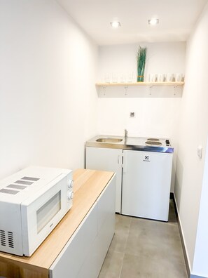 Fridge, microwave, stovetop, cookware/dishes/utensils