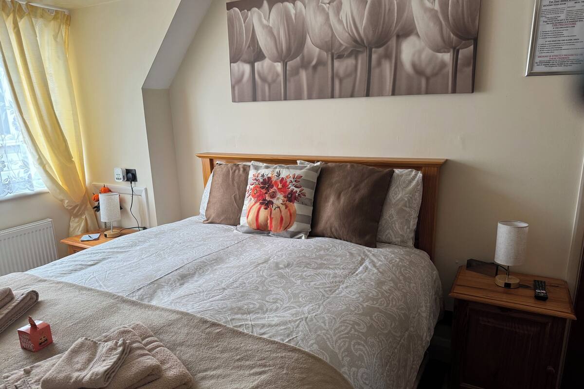 A neatly made bed with a patterned bedspread, a decorative pillow, and a bedside table with a lamp and remote control.