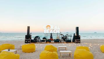 Private beach, sun loungers, beach umbrellas, beach bar