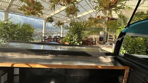 Een restaurant met uitzicht op de stad, met hangplanten en een glazen dak.