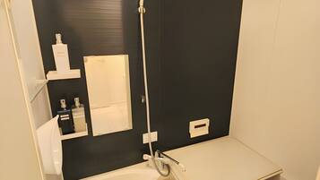 Combined shower/tub, hair dryer, slippers, electronic bidet