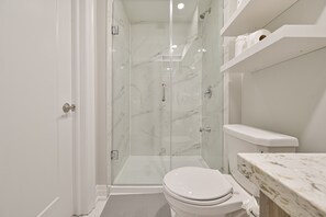 Hair dryer, towels, soap, shampoo