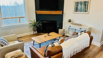 Smart TV, chimenea, reproductor de DVD y libros