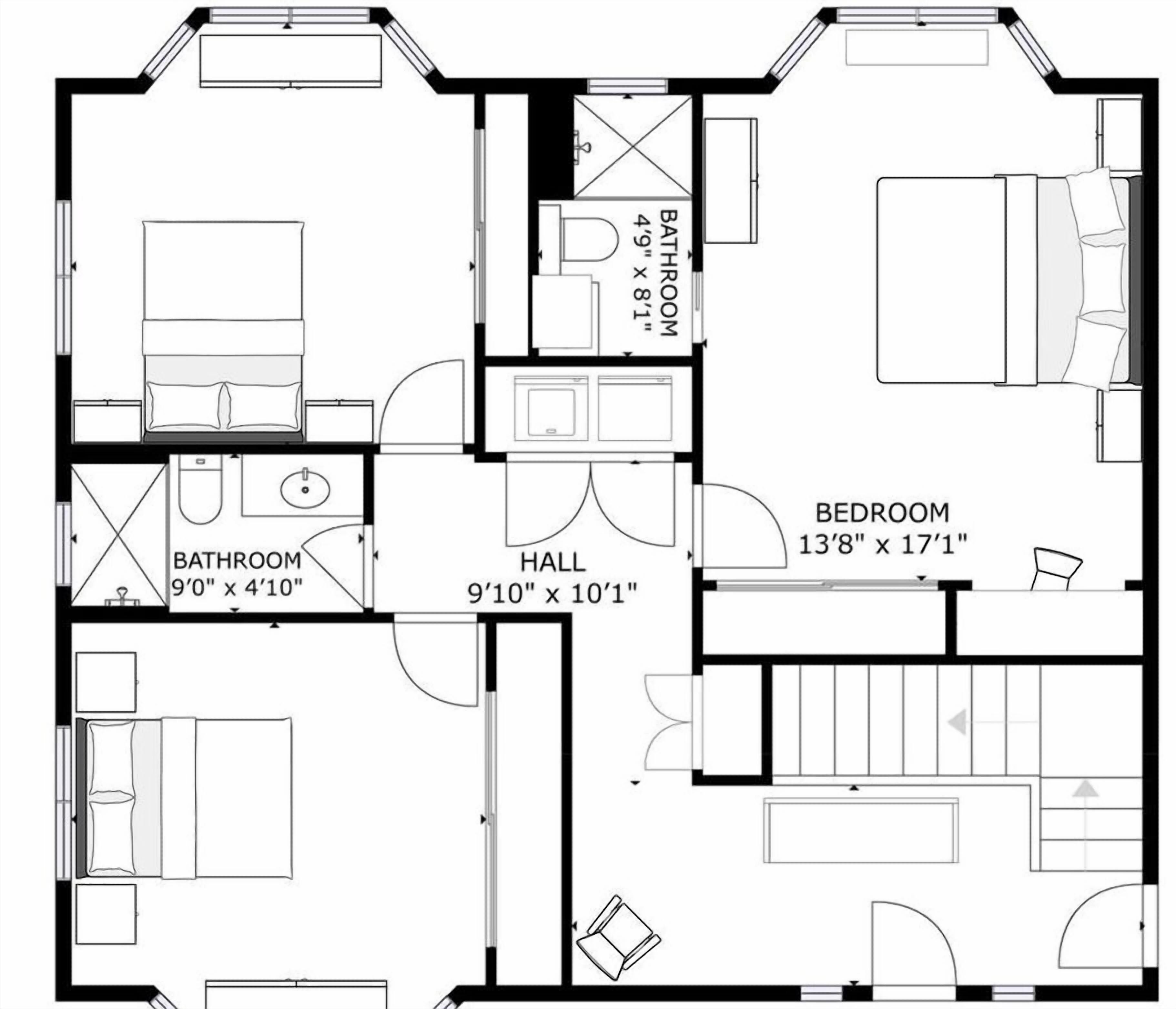 Plan d’étage d’une chambre d’hôtel comprenant une chambre à coucher de 4,17 m x 5,21 m, une salle de bain de 2,74 m x 1,47 m et un couloir de 3 m x 3,05 m.