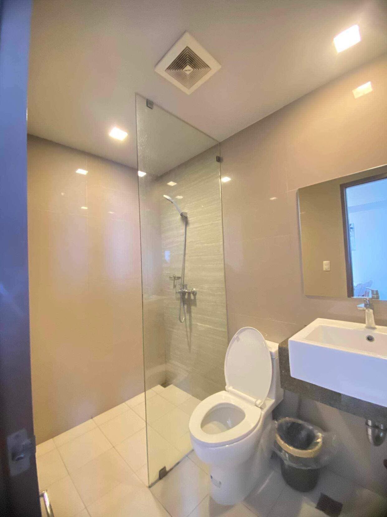 A modern bathroom with a glass-enclosed shower, a white toilet, and a sink.