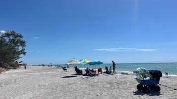 Plage, chaises longues, serviettes de plage