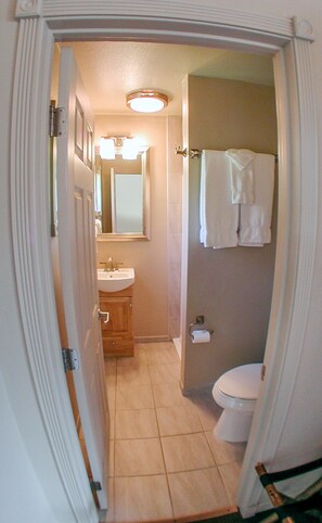 A narrow bathroom with a sink, mirror, and toilet. - Lucia Lodge (Big Sur)