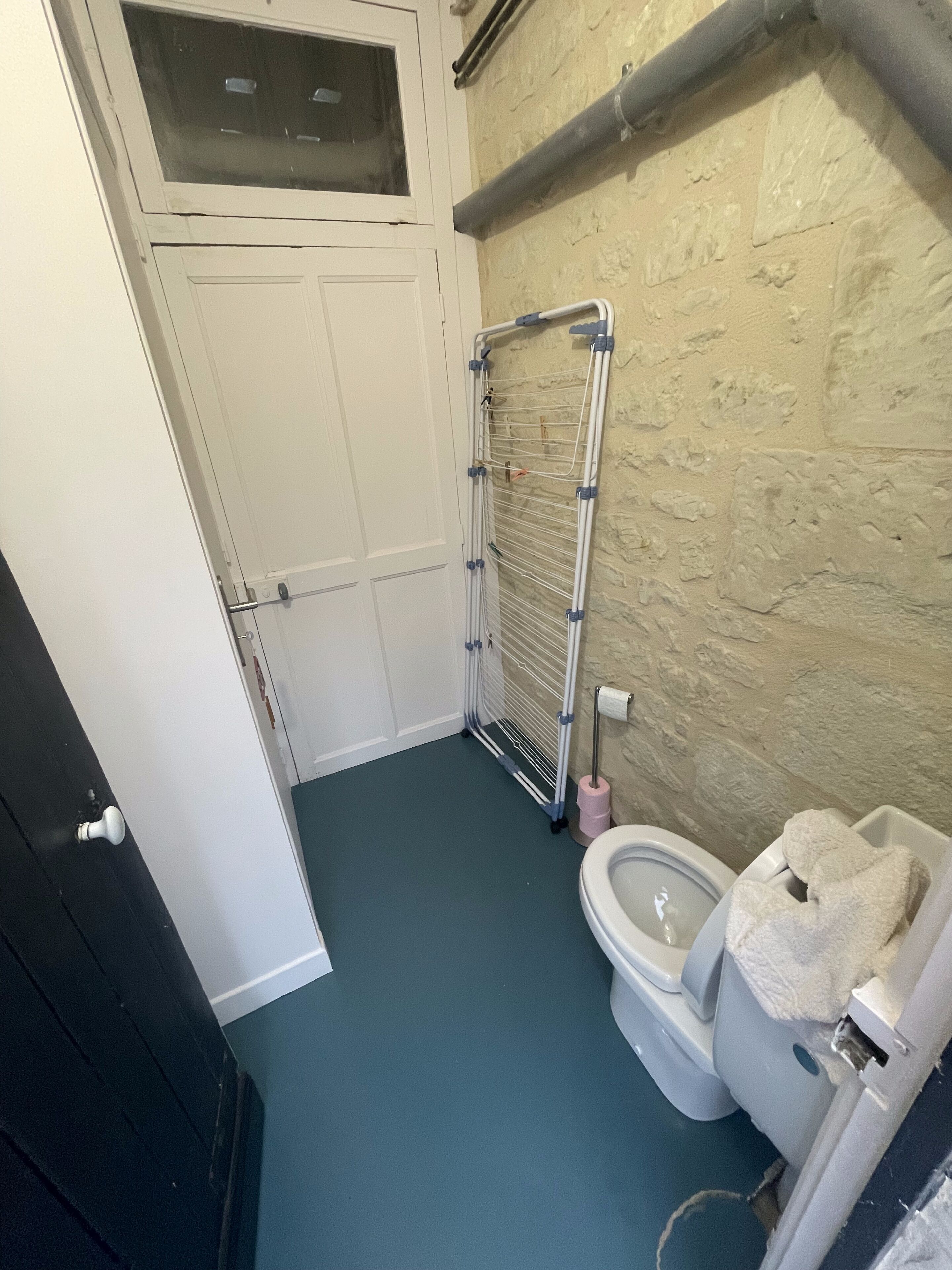 Een badkamer met een wit toilet, een douchecel met een metalen plank en een blauwe vloer.