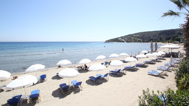 A beach with rows of blue lounge chairs and white umbrellas, a clear sky, and a hilly landscape in the background.