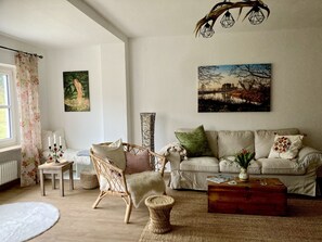 TV, fireplace, books