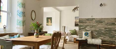 TV, fireplace, books