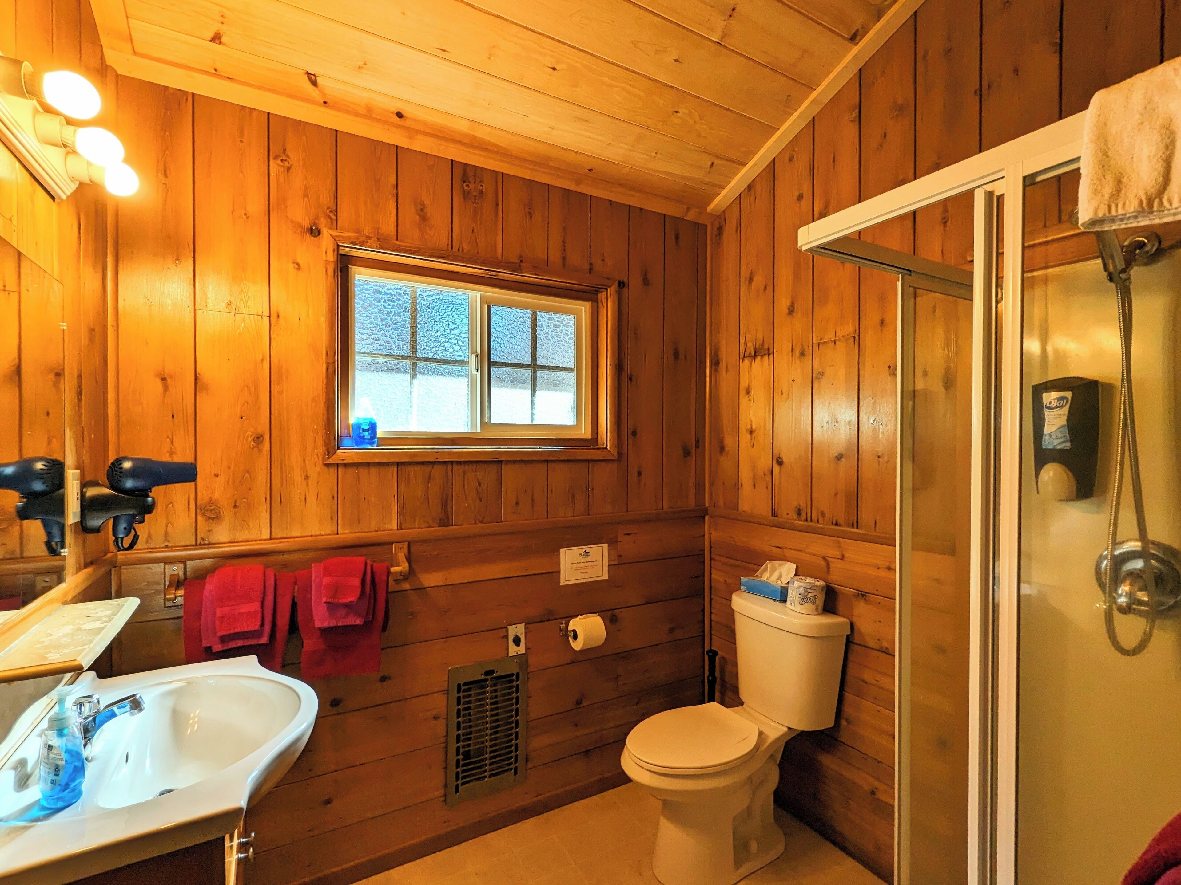 Une salle de bain rustique, aménagée dans une cabane en bois, avec des toilettes, un lavabo et une douche.