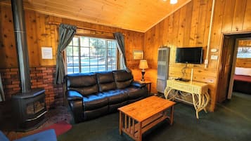 A cozy cabin interior with a leather sofa, a wooden table, a TV, and a fireplace.