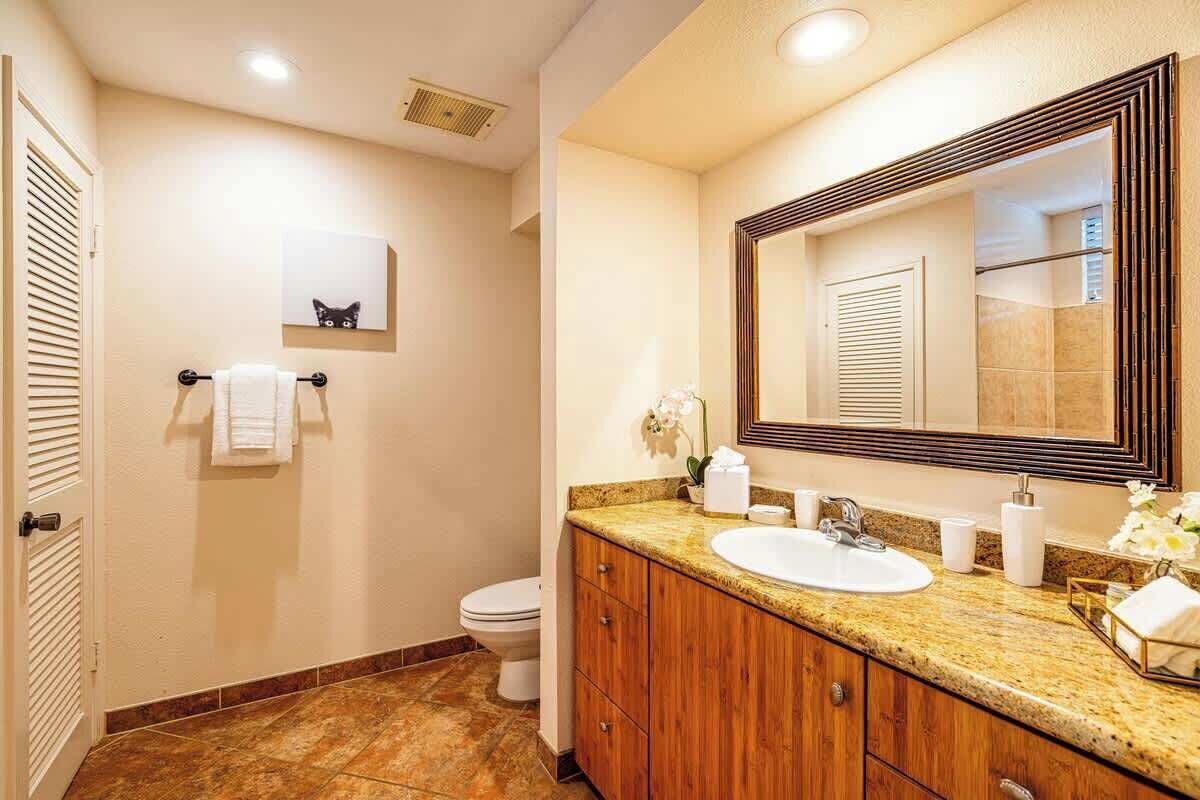 A bathroom with a wooden vanity, a large mirror, and a toilet.