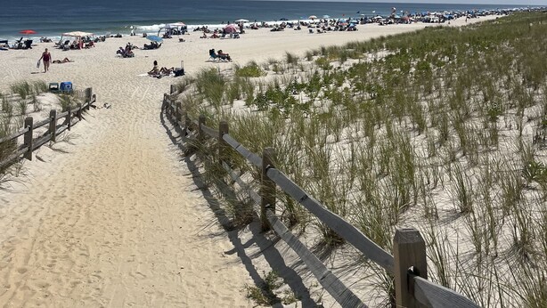 A beach with a wooden walkway leading to the water, surrounded by sand and sparse vegetation. - Summer Special June 20-27, July 6-11, July 25-Aug 1. Sleeps 12 and pet friendly  (Lavallette)