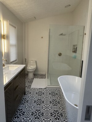 Shower, hair dryer, towels, soap