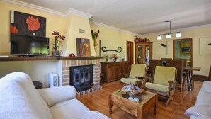 Un salon avec une cheminée, des canapés, un téléviseur et un coin repas.