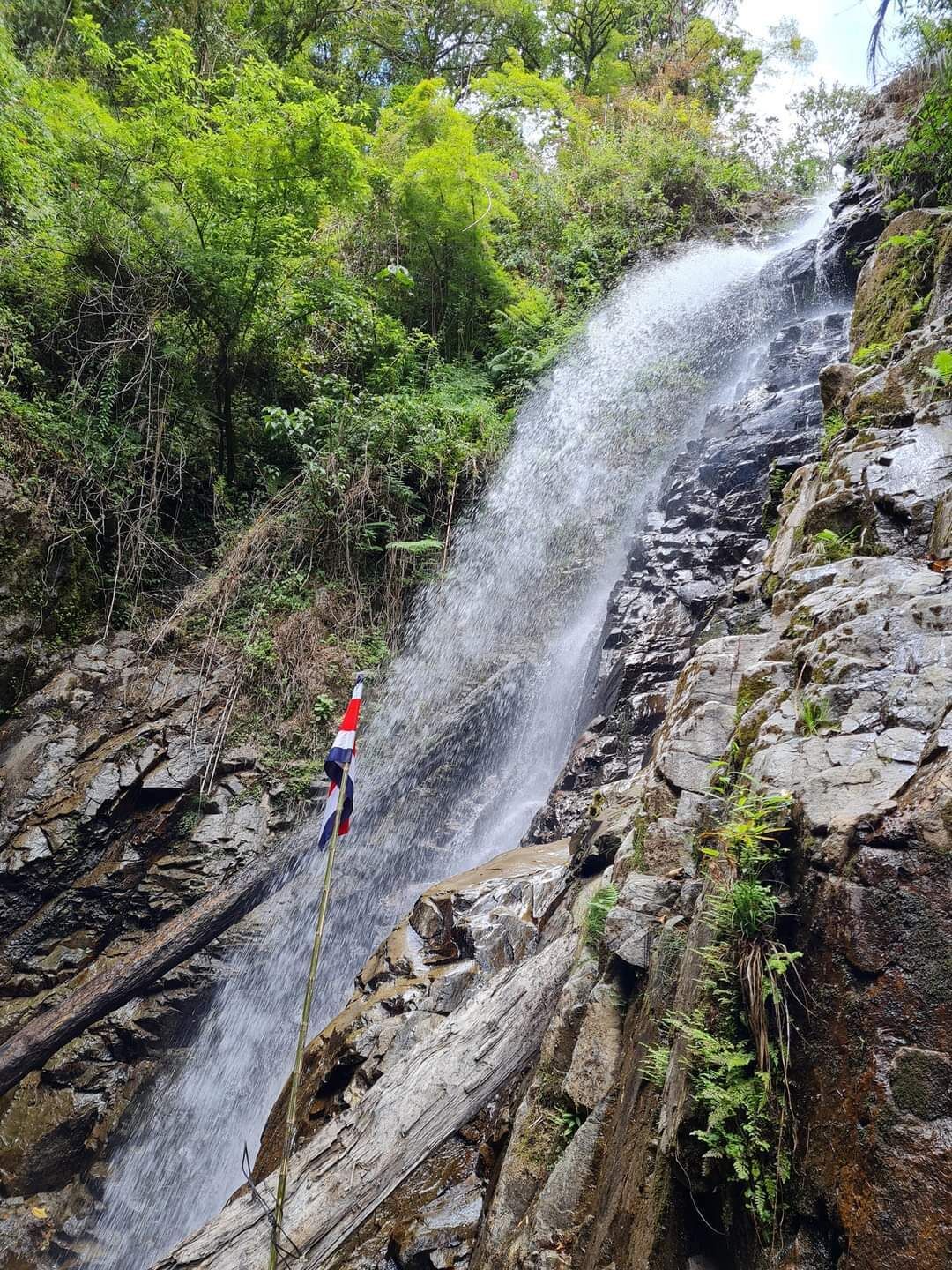 A waterfall cascading over rocky terrain with dense greenery around.