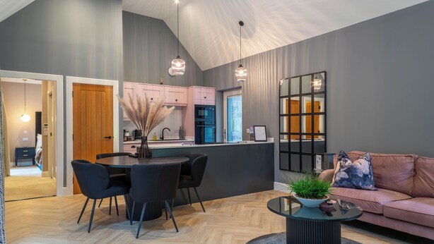 A modern living space with a dining area, kitchen, and seating area.