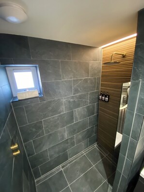 Shower, hair dryer, towels