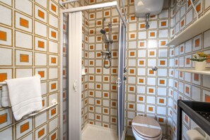Une salle de bain avec une douche, des toilettes et un porte-serviettes.