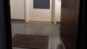 A hallway with a door, a doormat, and a framed picture on the wall.
