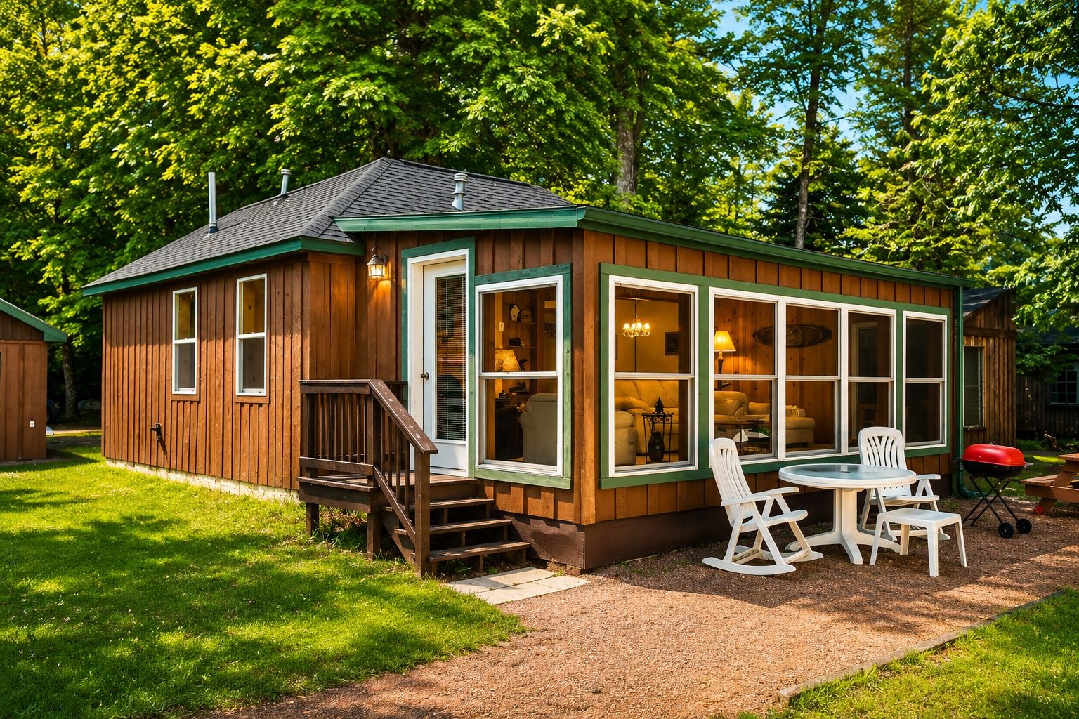 Een houten blokhut met een veranda, een tafel met stoelen en een barbecue.