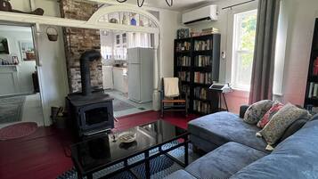 Smart TV, fireplace, books